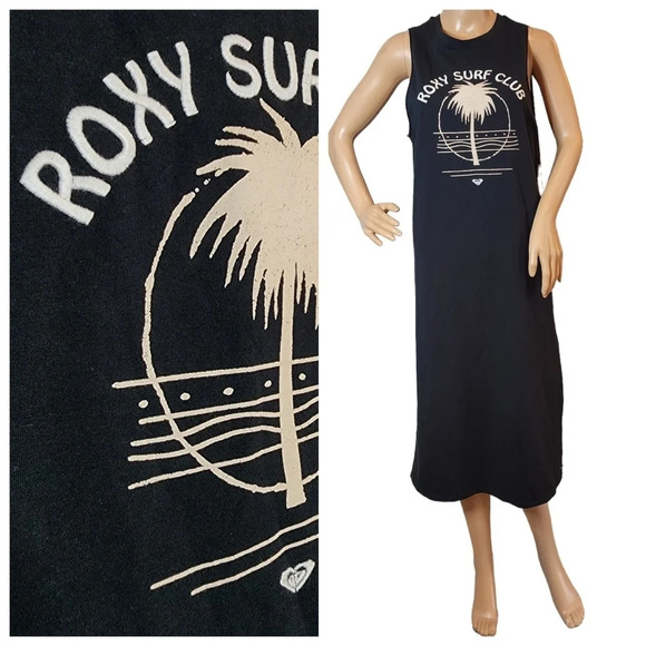 NWT Roxy Black Embroidered sleeves Sleeveless Tee midi dress. Size Large - Picture 1 of 16